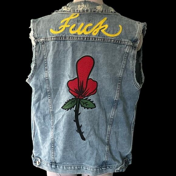 NWOT RARE Unif Embroidered “F*ck U” Denim Oversized Slim Cut Vest Size Medium - Picture 1 of 12